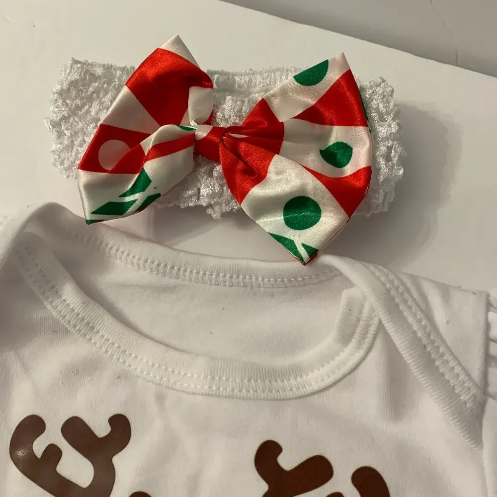 Baby Infant Girl Cotton Christmas Reindeer Short Sleeve Patchwork Bodysuit Set